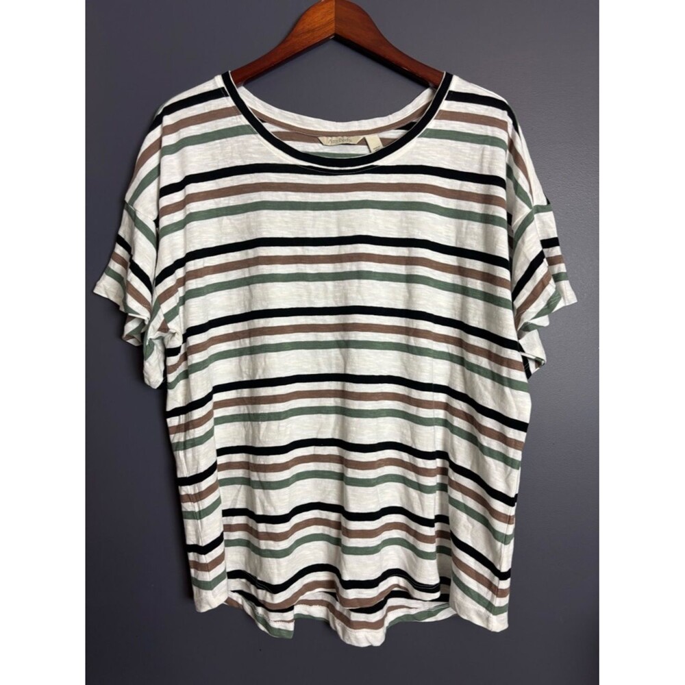 AnyBody Short Flutter Sleeve Striped Knit Cotton T-Shirt Plus Size 1X Sage Multi